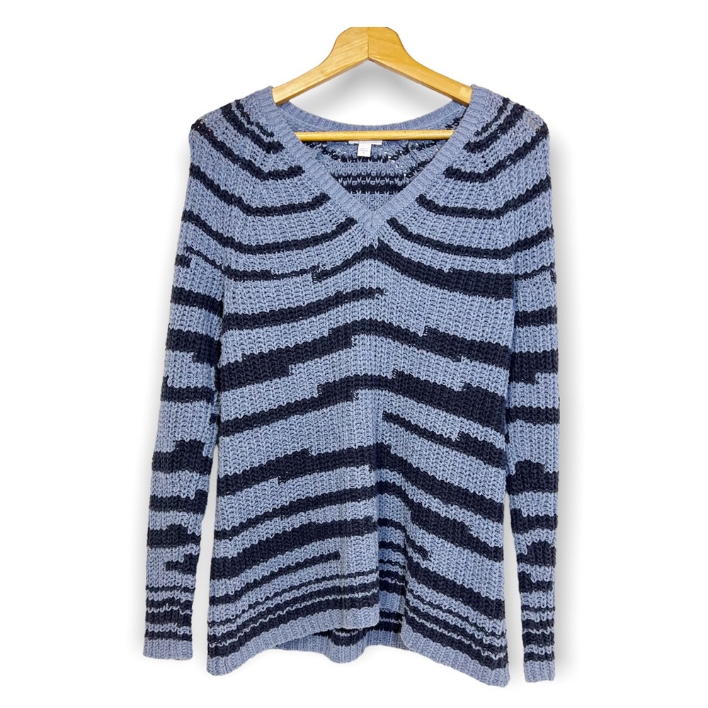 J. Jill Cotton V Neck Blue Stripe Sweater